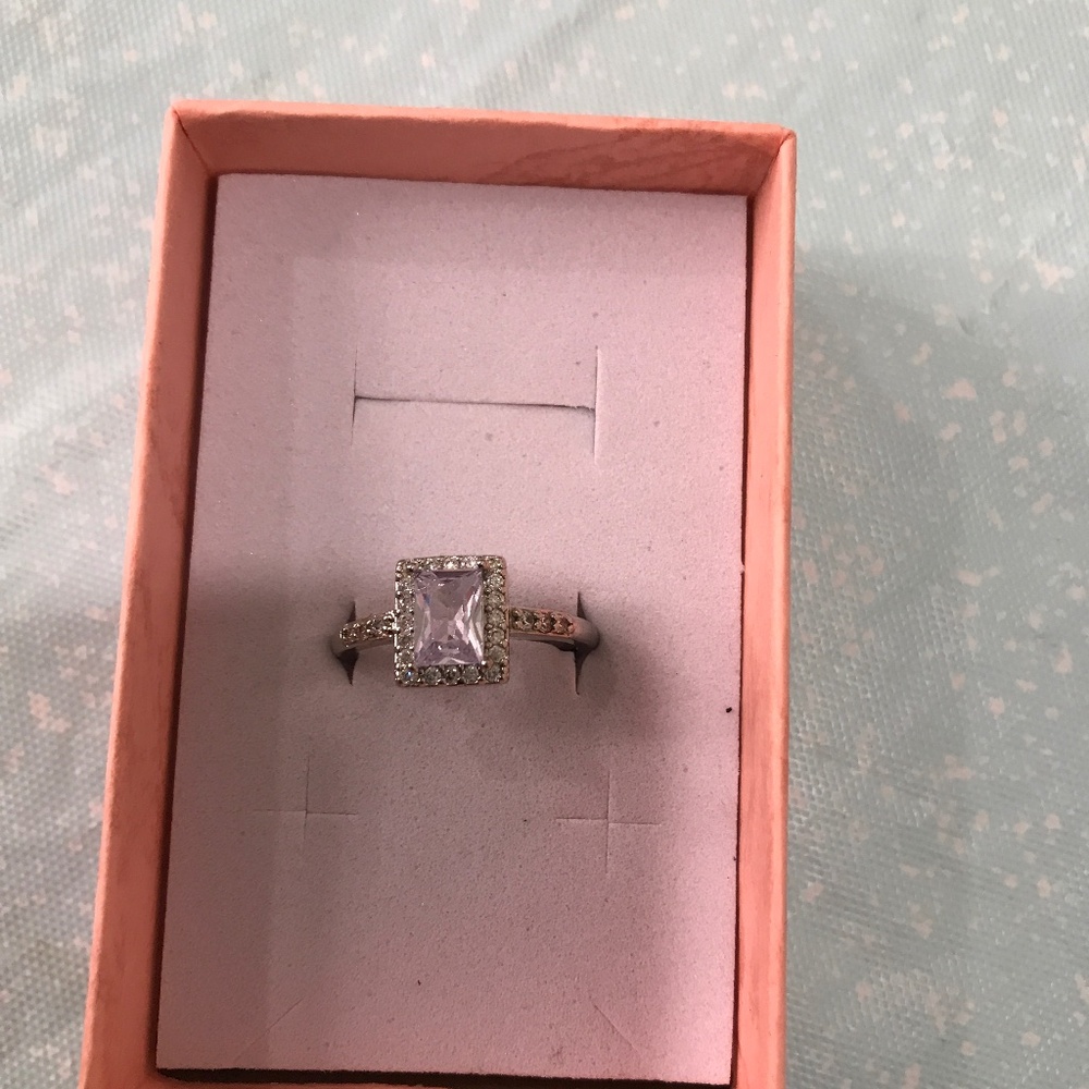 Silver tone princess stone with halo